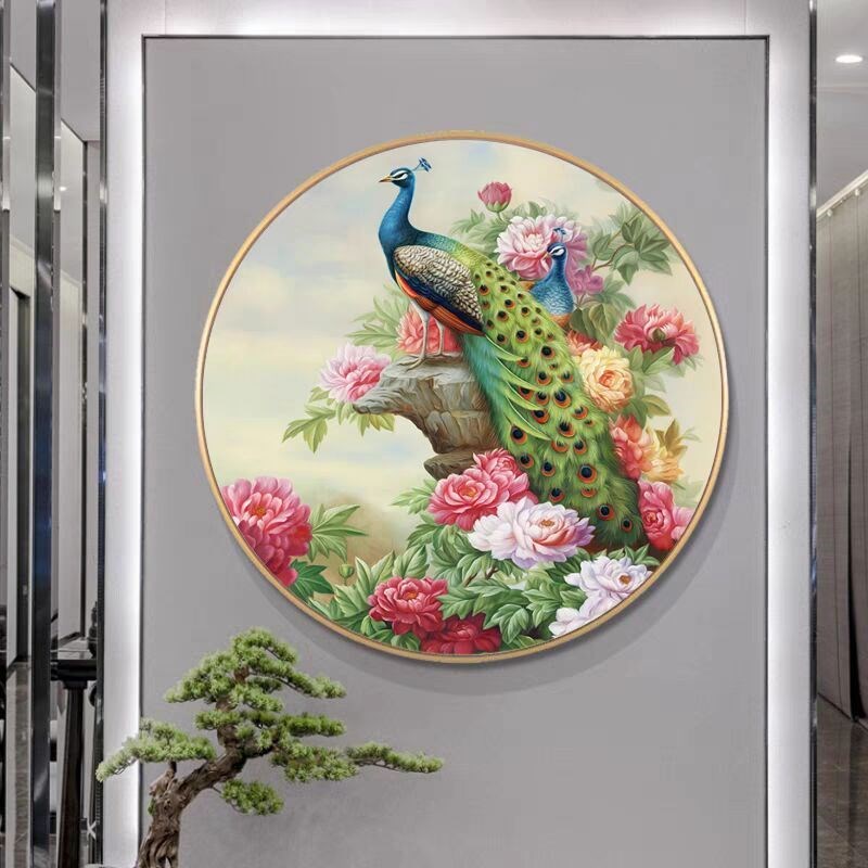 孔雀开屏圆形玄关装饰画新中式寓意好卧室床头挂画客厅背景墙壁画图片