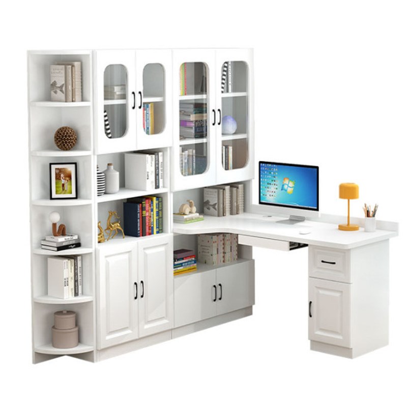 转角书桌和书柜家用儿童学生实木卧室写字台带书架电脑桌一体