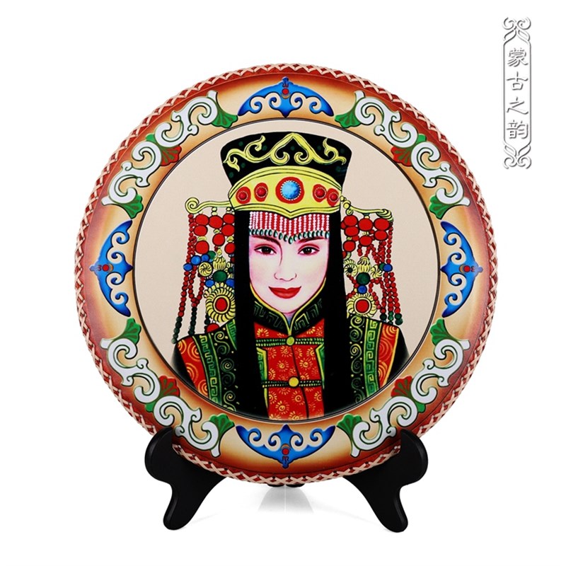 蒙古族特色皮画民族风圆盘画摆台手工压花装饰画内蒙古工艺礼品图片