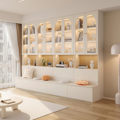 去客厅化卡座书柜奶油风组合书架玻璃门展示柜定制靠墙落地书柜