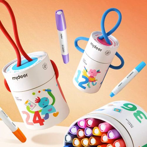 mideer弥鹿丝滑速干蜡笔油画棒旋转可水洗不脏手宝宝画画笔缤纷桶