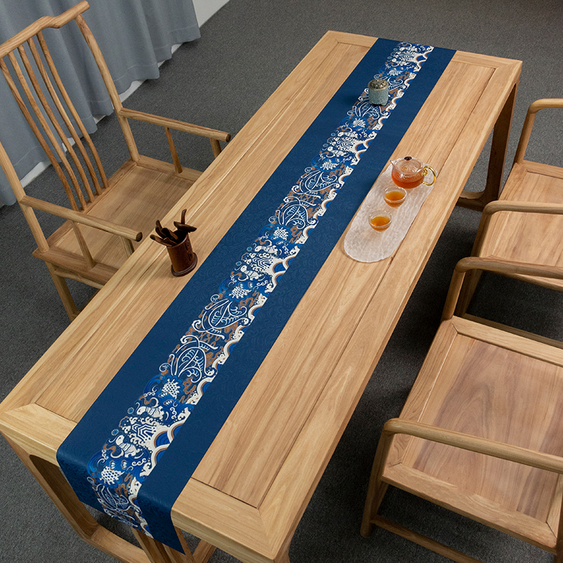 青花凤凰纹中式禅意防水桌旗防滑茶席茶桌新中式茶台餐桌桌布垫布