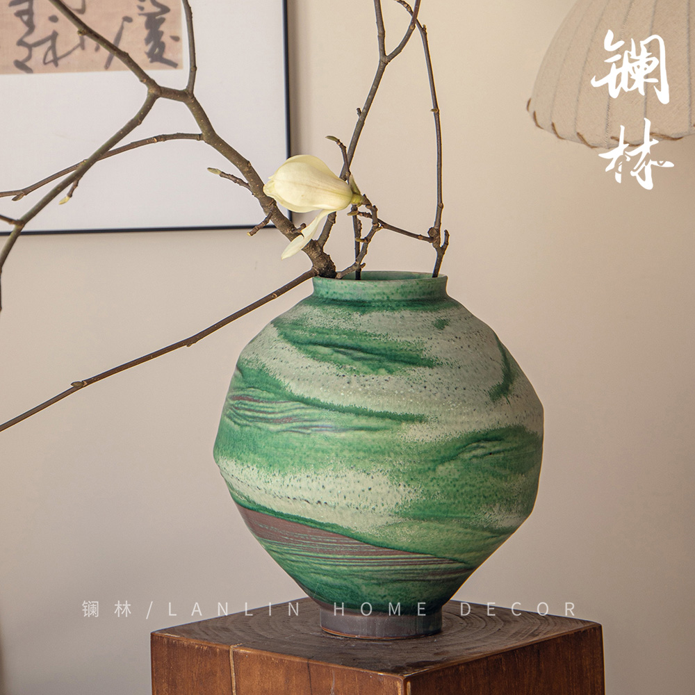 新中式星球罐绿色陶瓷侘寂风复古艺术粗陶花盆插干花简约民宿居家