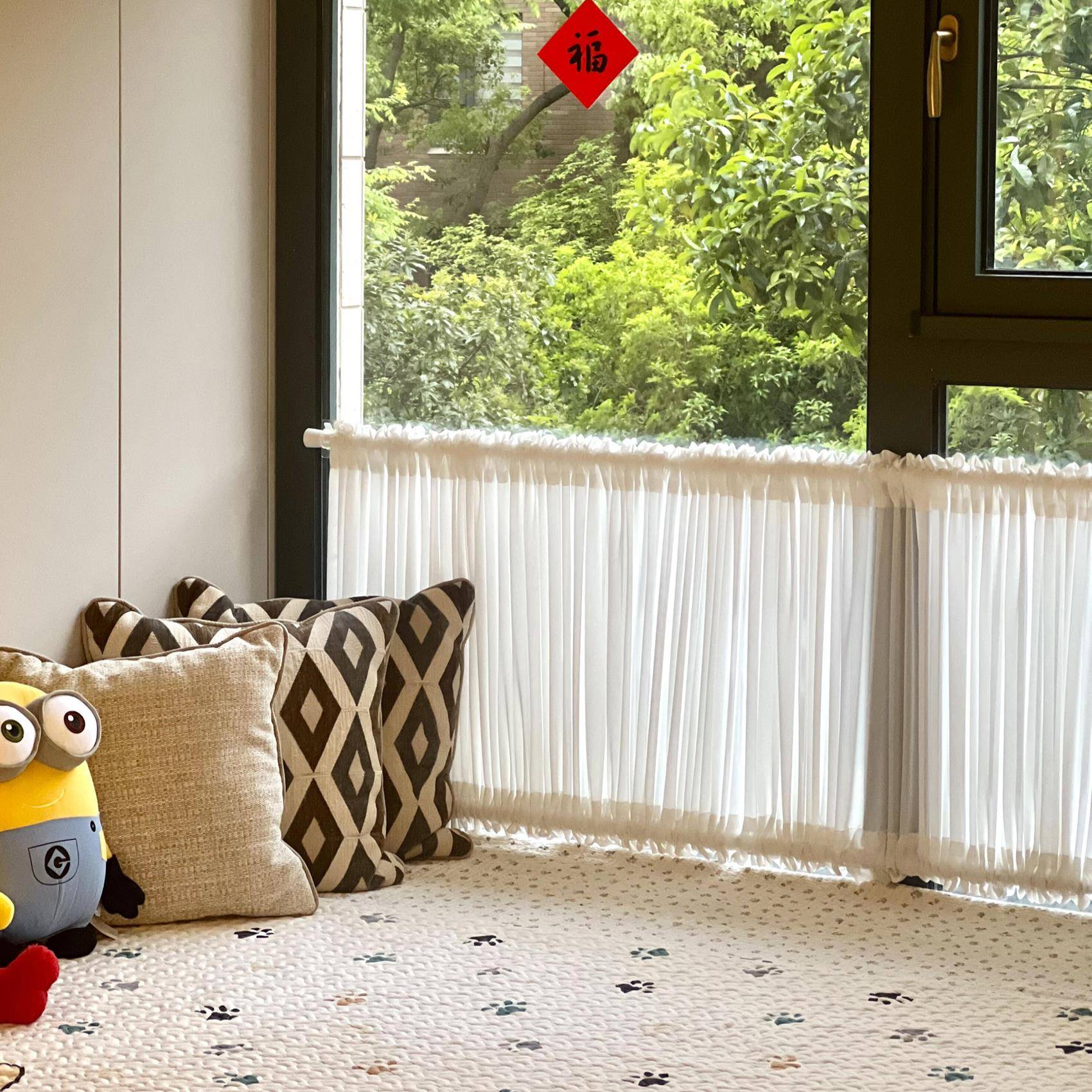 法式绷纱帘半帘短帘落地窗帘阳台飘窗免打孔白色隔断低层遮挡