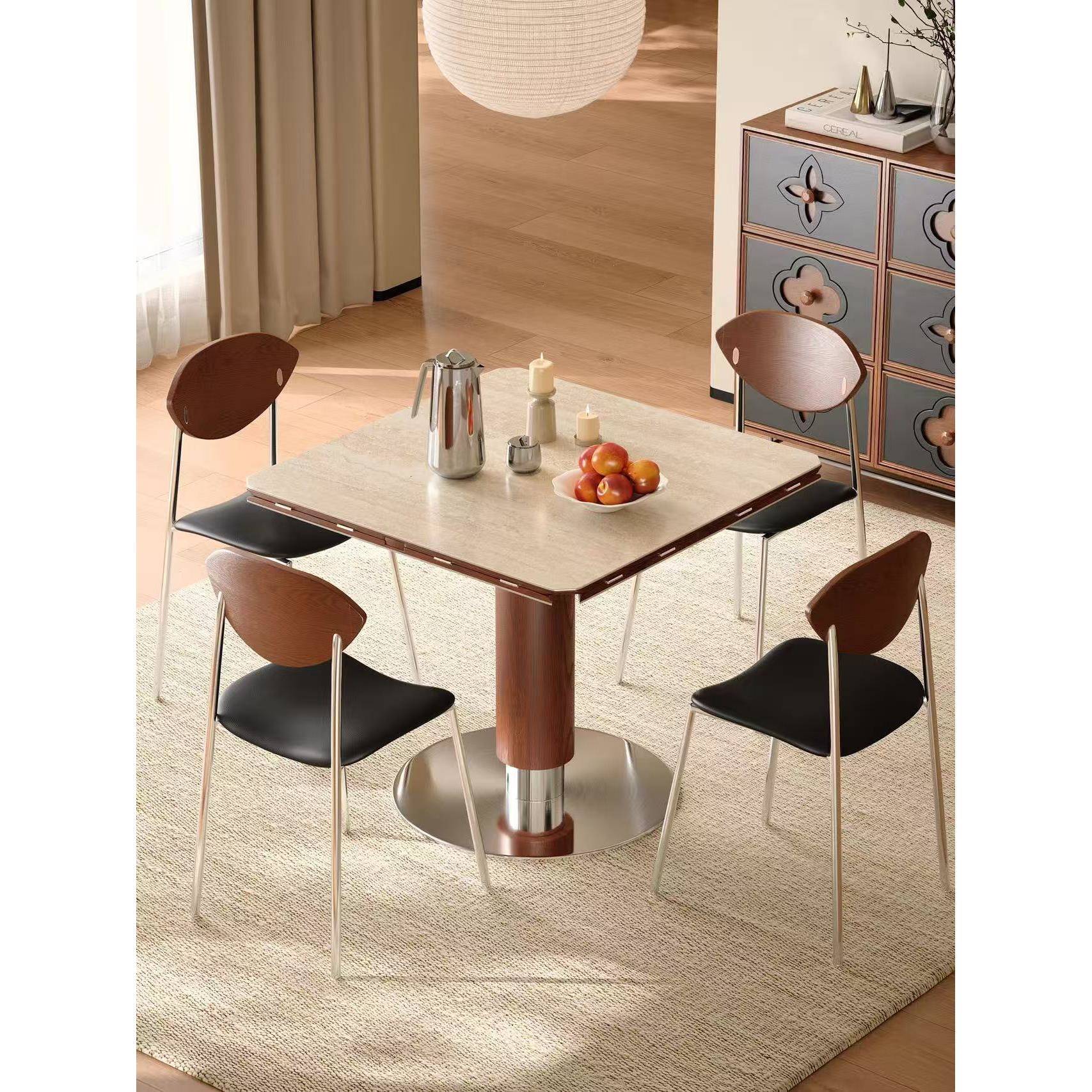 法式岩板餐桌可伸缩折叠正方形圆形两用小户型覆古中古风实木饭桌