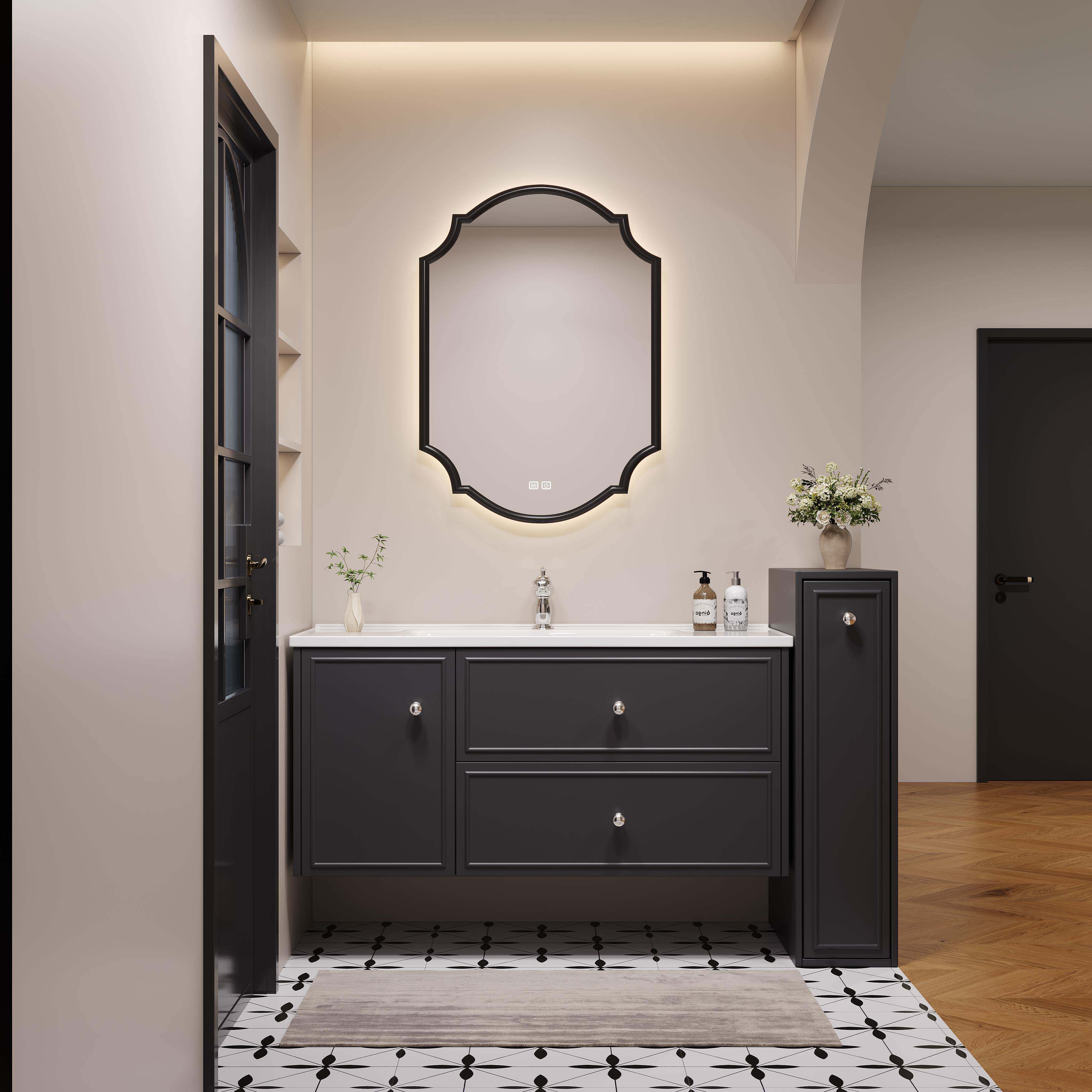 法式实木浴室柜侧柜组合定制拉篮智能卫生间异形镜子一体陶瓷盆柜