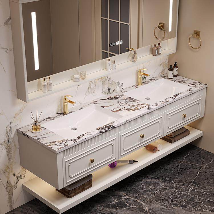 法式奶油风实木烤漆浴室柜岩板陶瓷无缝一体盆卫生间洗脸池洗手盆