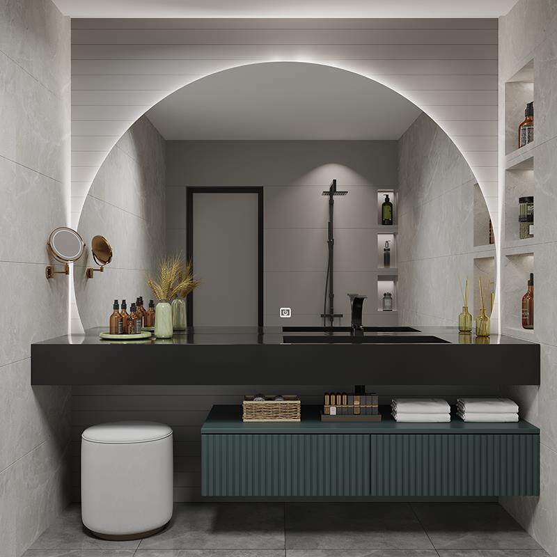 法式设计师定制浴室柜组合岩板墨绿色卫生间洗脸盆洗手柜洗漱台