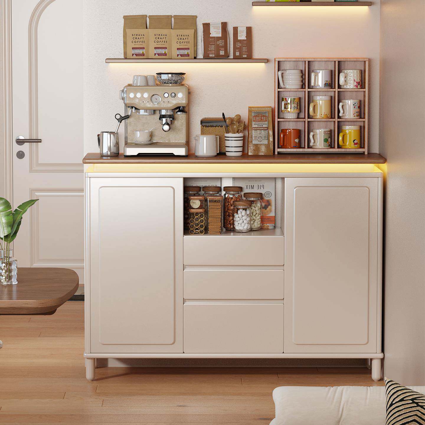 奶油风全实木斗柜餐边柜喂养台收纳柜客厅边柜置物柜咖啡机摆放台