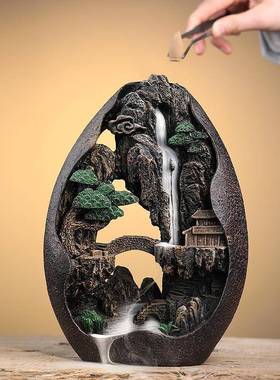倒流水香炉高山流水创意摆件檀香沉香大号茶道家用室内香薰炉摆件