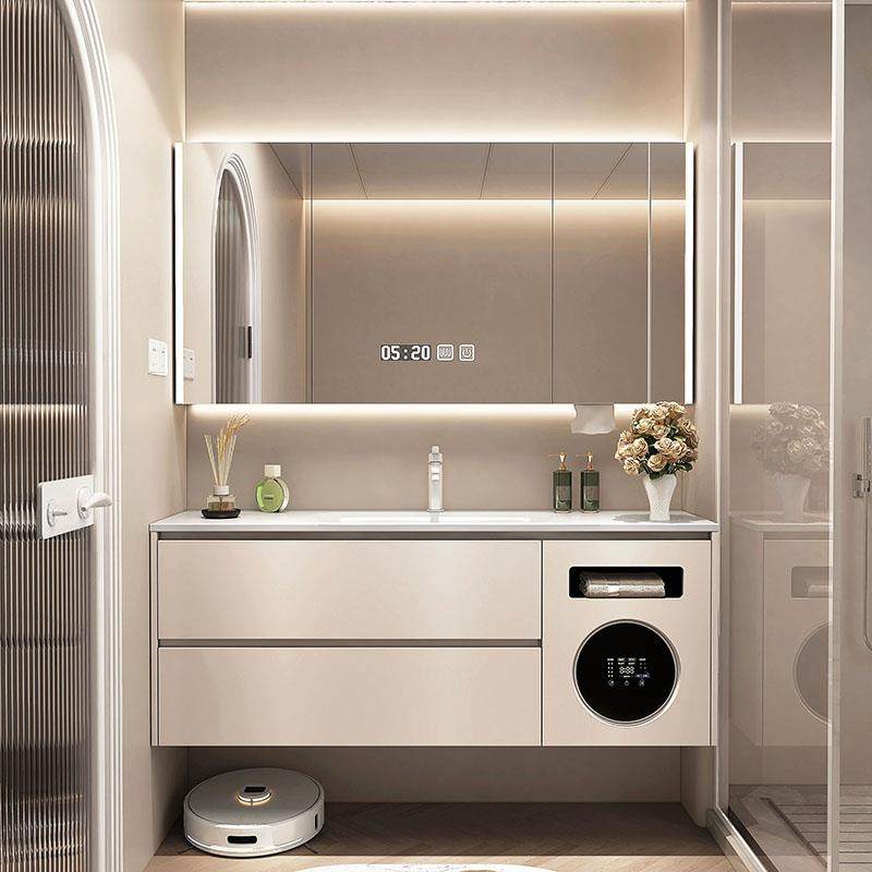 洗洪一体浴室柜组合带小型洗衣机岩板无缝陶瓷盆卫生间洗脸洗漱台