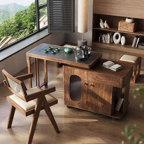 木品雅移动茶台小型家用现代简约新中式实木岩板茶桌旋转阳台茶车