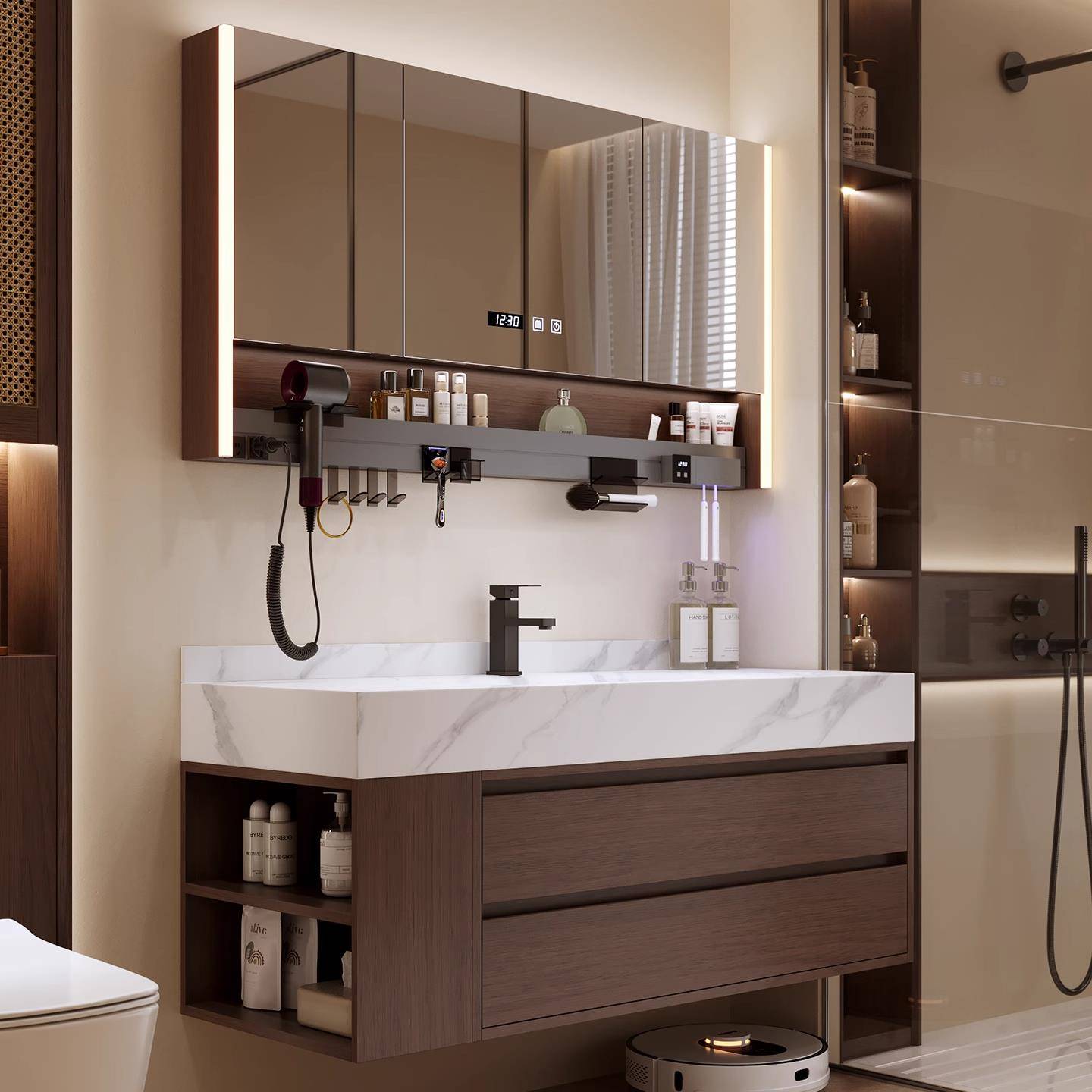 新式中古风浴室柜组合岩板热弯一体盆卫生间带侧边柜洗脸盆洗手盆