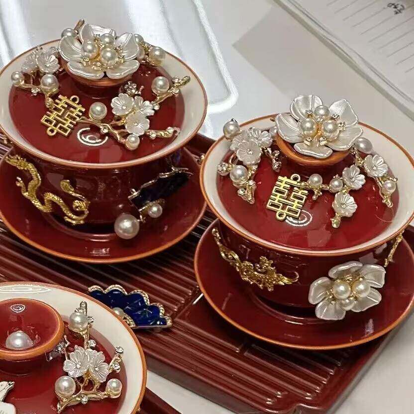 敬茶杯结婚喜碗套装敬酒茶杯改口对碗红碗一对碗筷红色婚礼龙凤