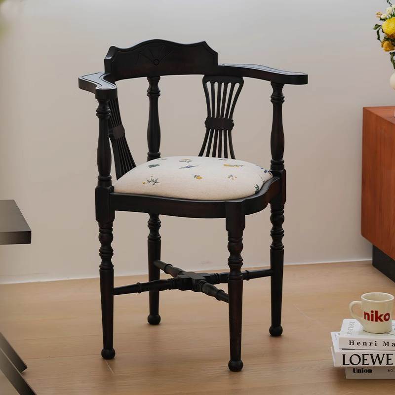 法式复古三角椅中古家用餐椅客厅卧室背靠椅咖啡厅全实木休闲椅子