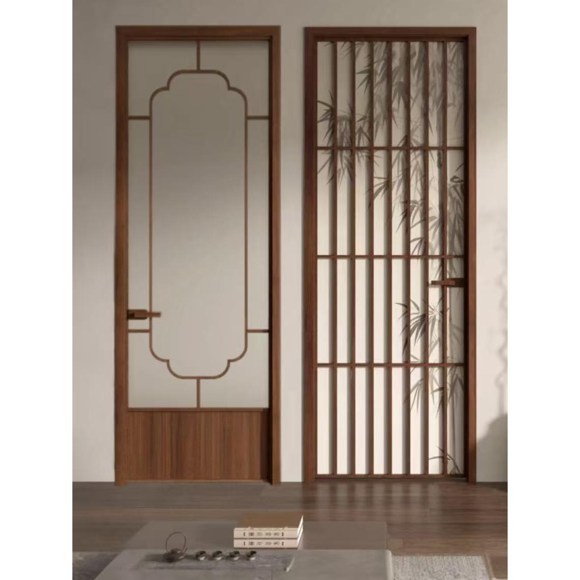 新中式胡桃木卫生间门铝合金厕所洗手间门宋氏美学竹影玻璃平开门