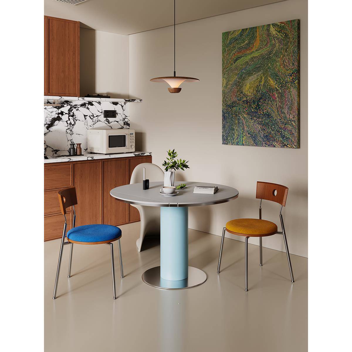 中古风灰色岩板餐桌可变圆桌小户型客厅家用实木饭桌正方形折叠桌