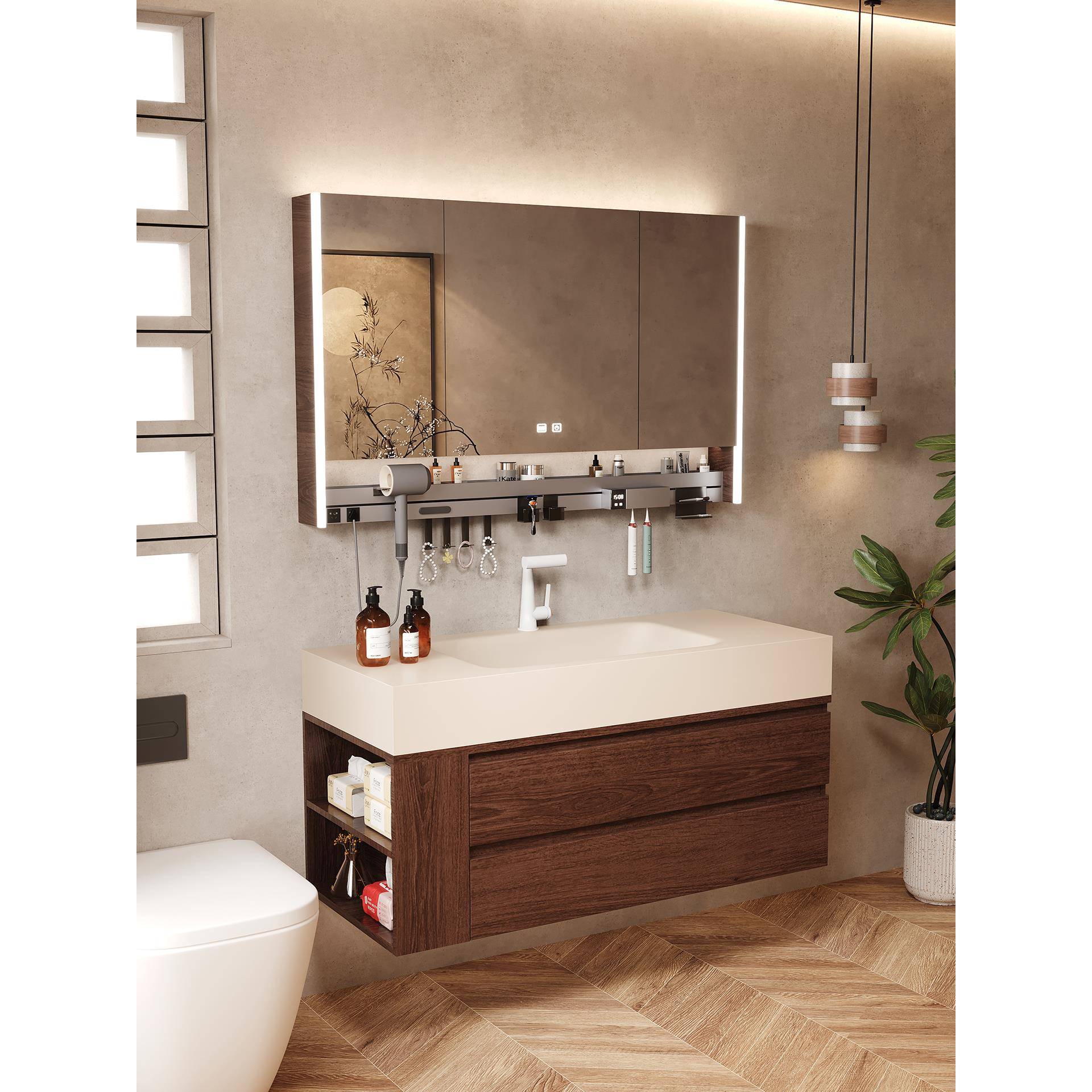 楠家匠中古风岩板热弯一体侧边收纳浴室柜组合洗漱台洗脸盆洗手盆