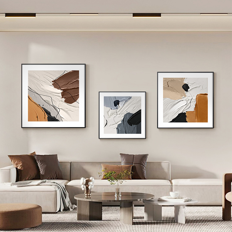 客厅三连装饰画客厅沙发背景墙正方形餐厅挂画侘寂风轻奢肌理抽象图片