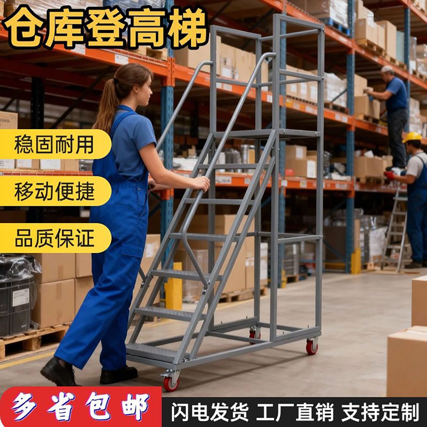 仓库登高梯超市货架式上货登高梯库房理货取货带轮可移动平台梯