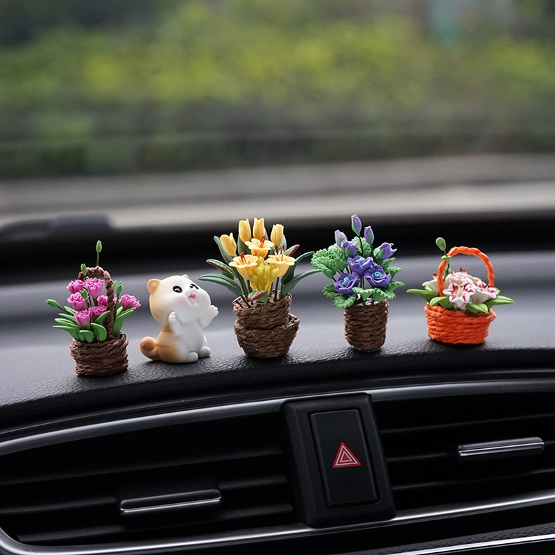 迷你编织花篮汽车小摆件创意精致陶土车载车内小花瓶中控台装饰品