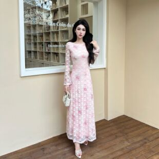 法式针织蕾丝长裙长袖春秋玫瑰花连衣裙长裙AW016-02