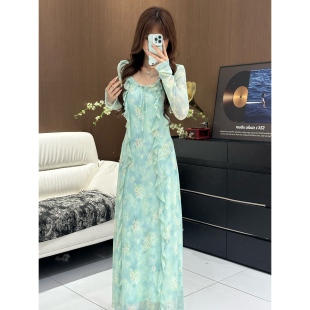 高弹力长裙印花修身 气质印花常规长款 连衣裙碎花430 长袖 2026春季