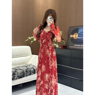 高弹力长裙印花修身 气质印花常规长款 连衣裙碎花425 长袖 2026春季