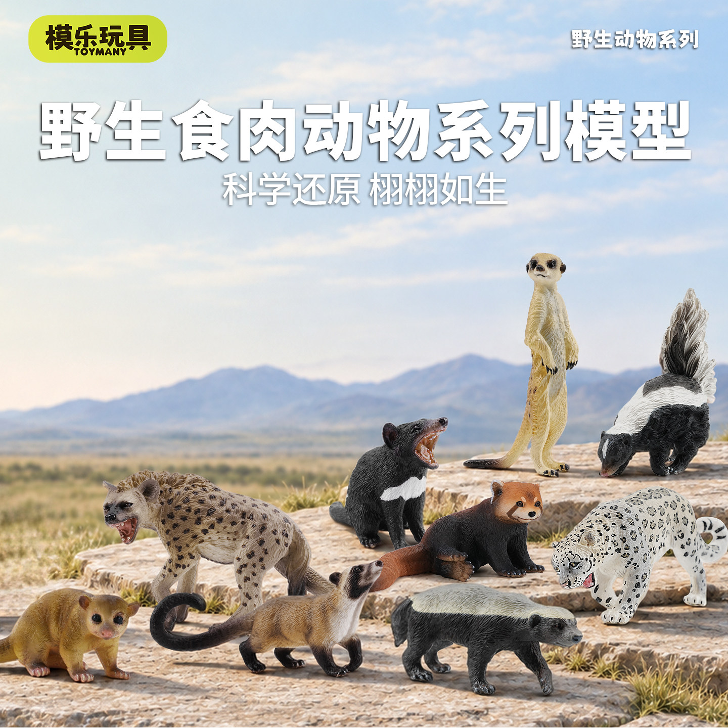 模乐玩具TOYMANY仿真野生食肉动物模型非洲鬣狗狐獴小熊猫玩具