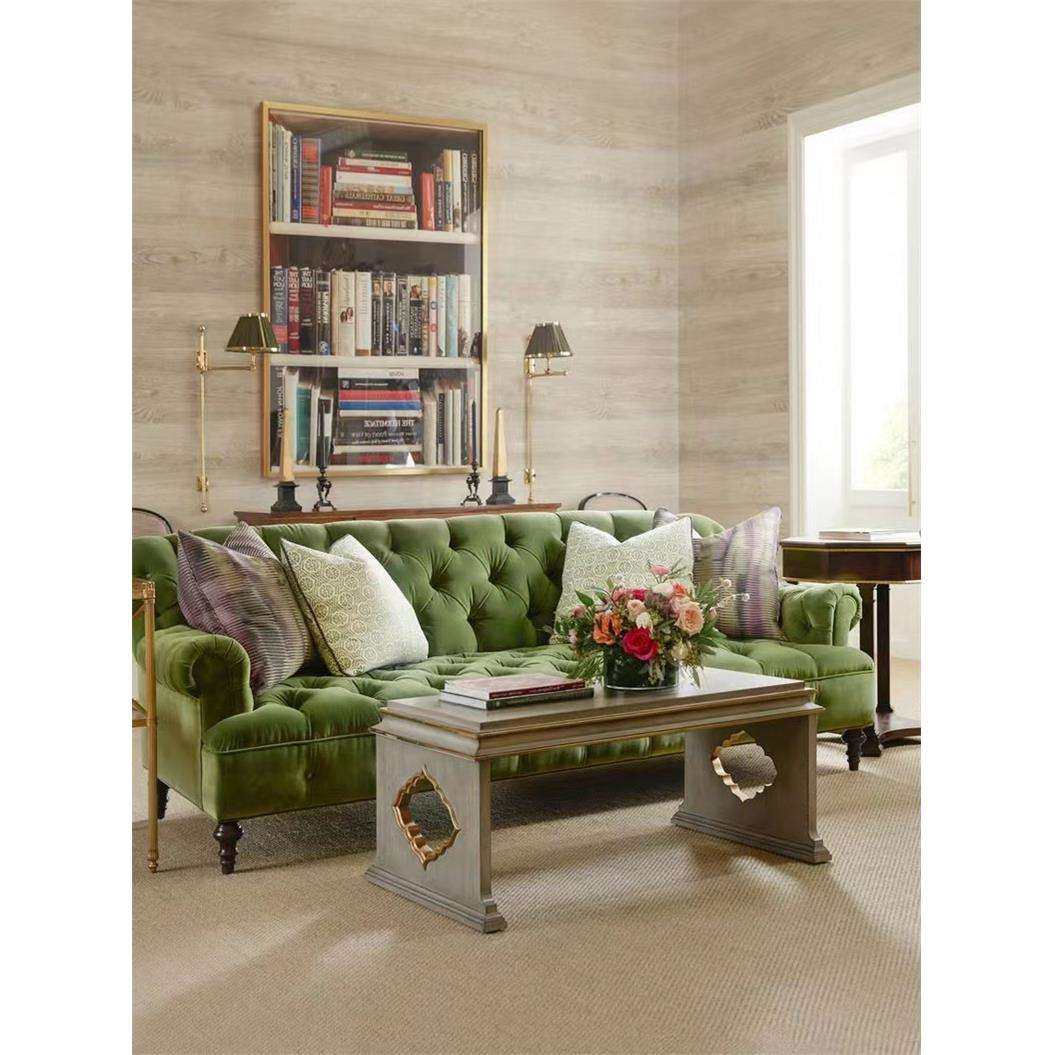 法式乡村小户型客厅美式覆古拉扣简约设计师绿色布艺丝绒三人沙发