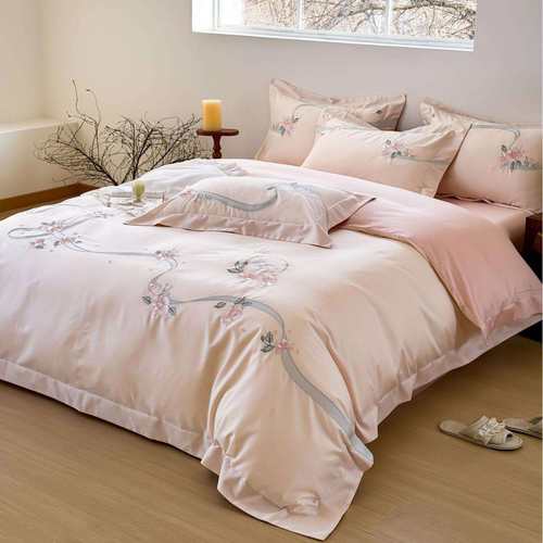 新中式轻奢风简约刺绣全棉纯棉100支长绒棉四件套被套床笠床上用