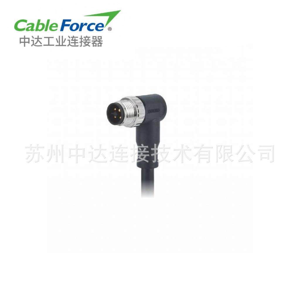 M12连接器4pinT-Code公弯头预铸电缆防水航空插头2M屏蔽型