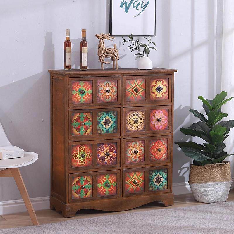 美式实木斗柜夹缝收纳柜复古彩绘客厅玄关柜卧室床头边柜子大容量