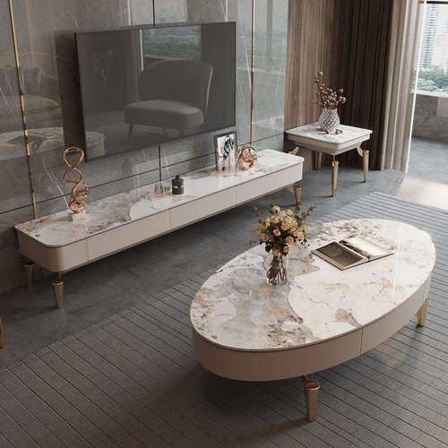 现代意式轻奢风高端椭圆形茶几茶桌电视柜组合岩板小户型豪华地柜