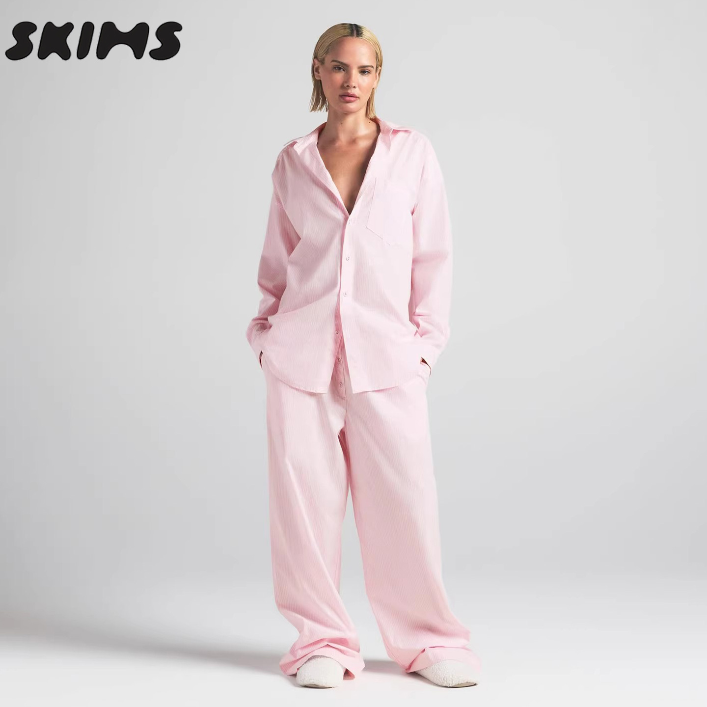 SKIMS卡戴珊宽松竖条纹衬衫长裤