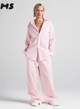 SKIMS HIRE COTTON POPLIN SLEEP休闲竖条纹长裤长袖居家睡衣套装