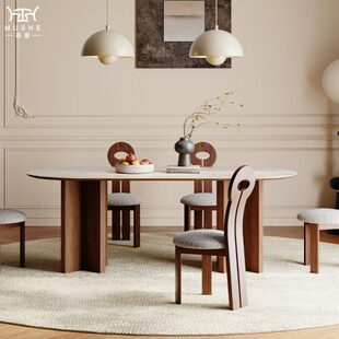 实木暮奢侘寂洞黑胡桃法式椅圆餐桌椭石小户型风北轻美岩板餐桌