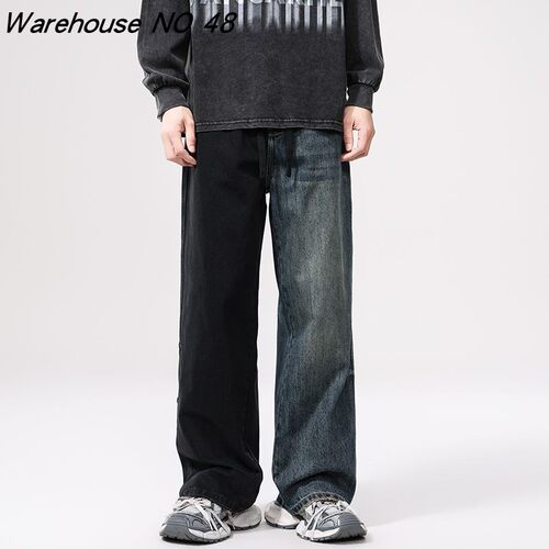 巴黎风高街潮牌拼接撞色牛仔裤