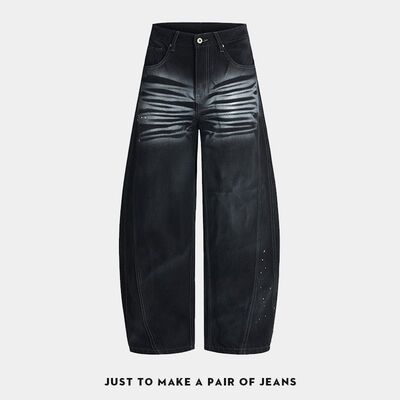 美式复古渐变涂鸦弯刀牛仔裤