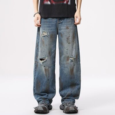 NO48巴黎风高街潮牌泼墨牛仔裤