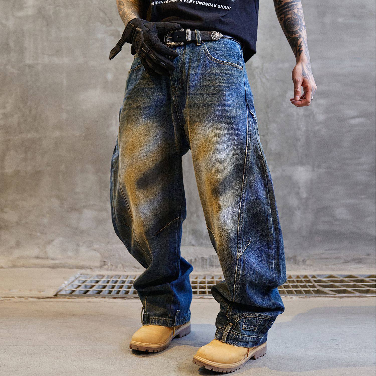 巴黎风美式复古破洞倒装牛仔裤