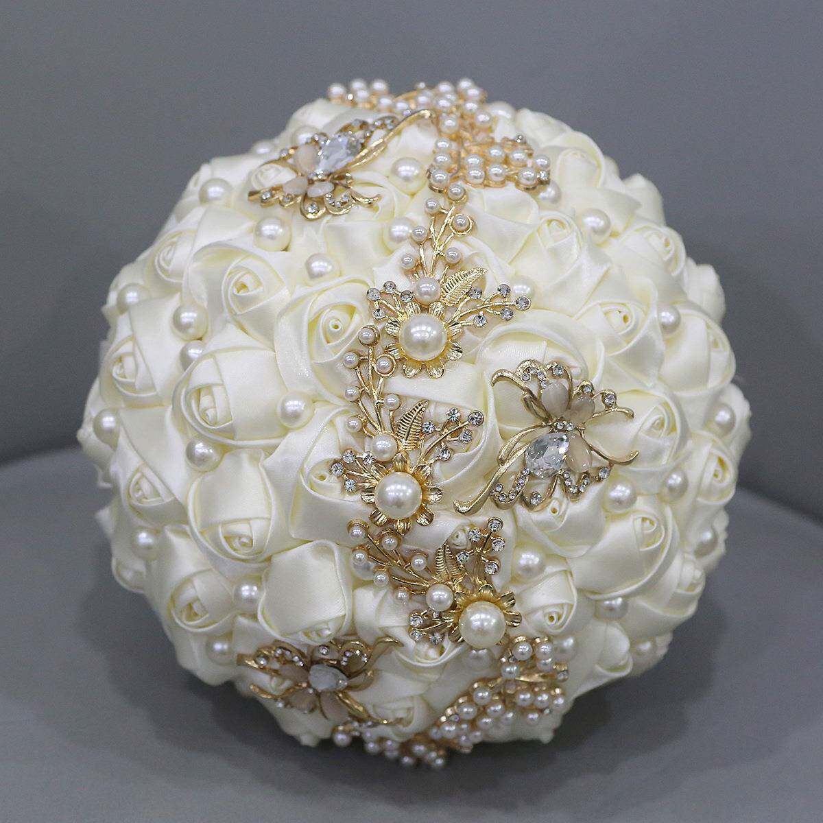 韩式奶色仿真缎带玫瑰新娘水钻珍珠手捧花伴娘婚礼花束厂家现货