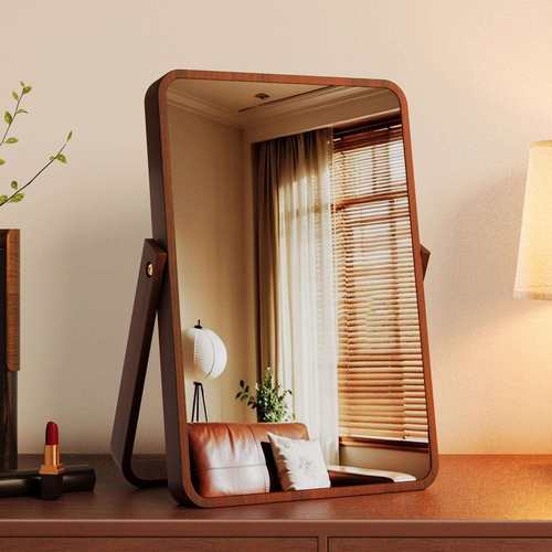 复古实木化妆镜台式桌面家用梳妆台梳妆镜女生卧室便携折叠大镜子