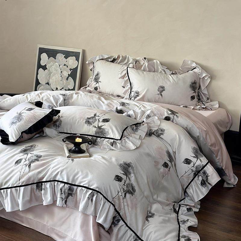 法式100S长绒棉四件套复古风花卉荷叶边被套柔软全棉浪漫床上用品