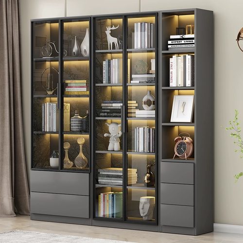书柜一体整墙家用酒柜玻璃门展示柜客厅陈列柜组合书架防尘置物柜