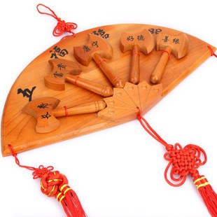 桃木五福临门扇形斧头木雕结婚坐福家居雕刻百福字客厅装饰品挂件