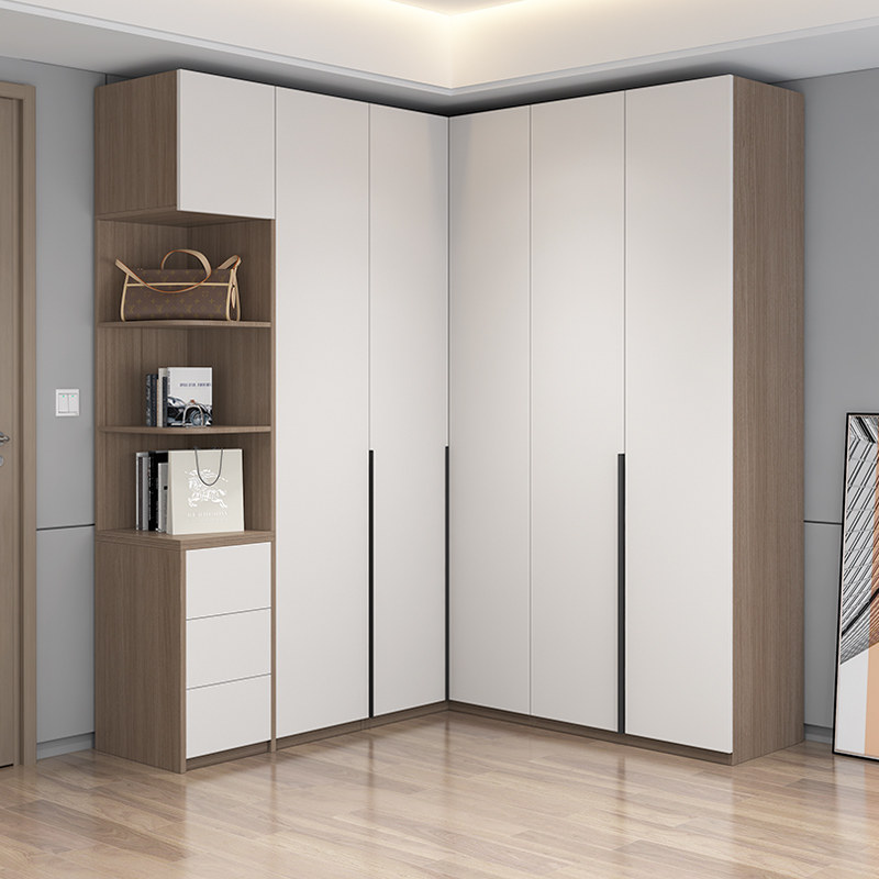 实木转角衣柜家用卧室一门到顶L型小户型拐角衣柜颗粒板衣帽间柜