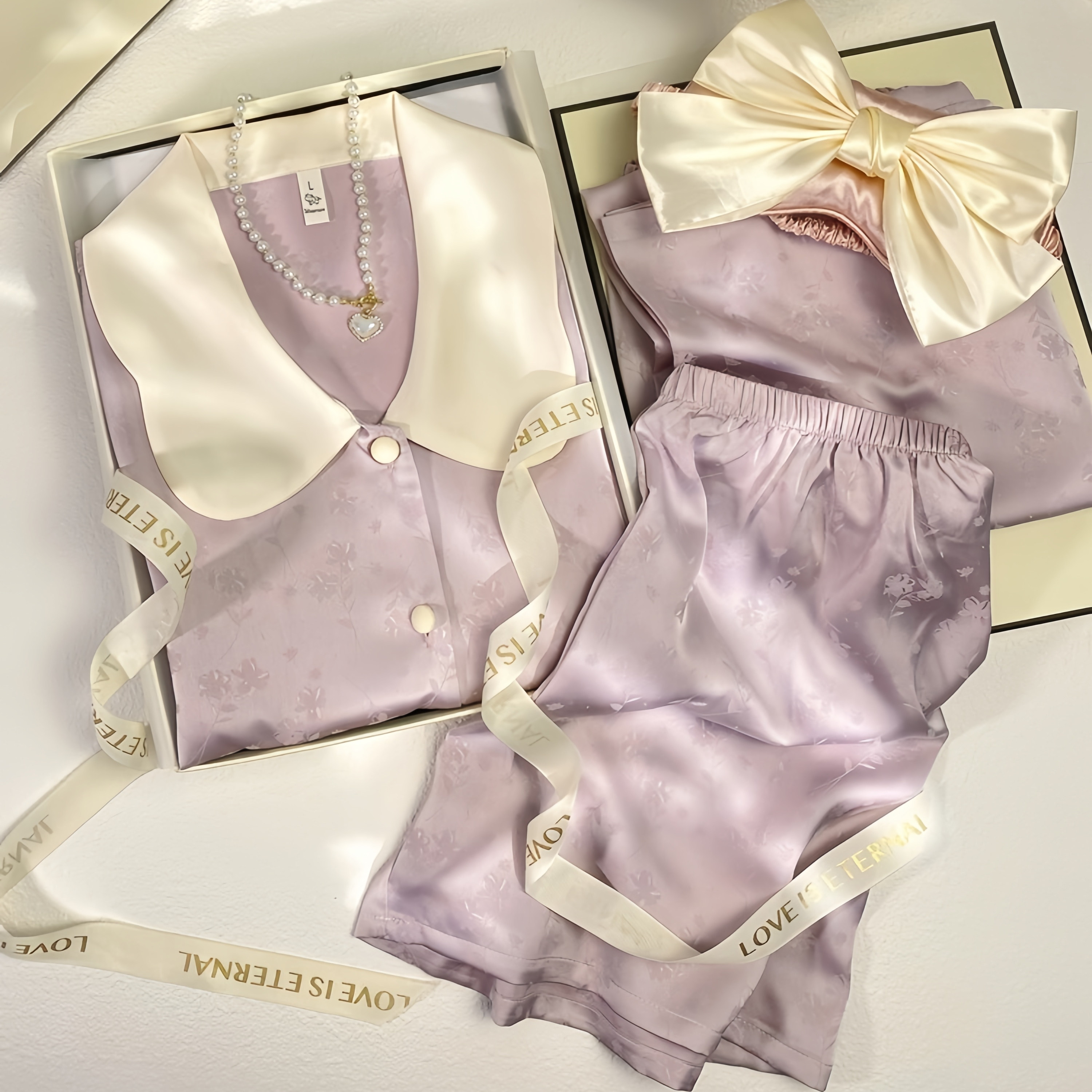 夏季新款带胸垫紫色碎花真丝睡衣短袖三件套高级感生日送女生礼盒