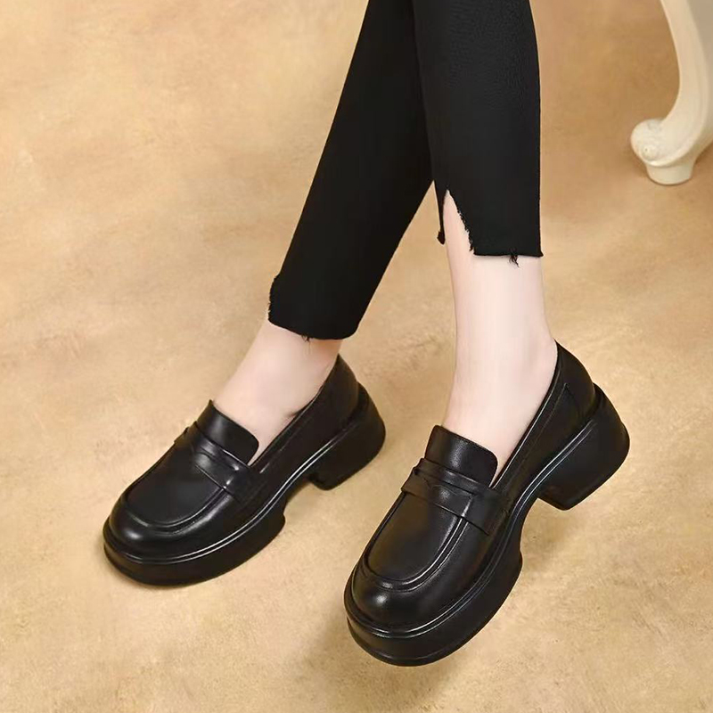 厚底乐福鞋2025春季新款单鞋小个子增高黑色大码小皮鞋真皮鞋子女