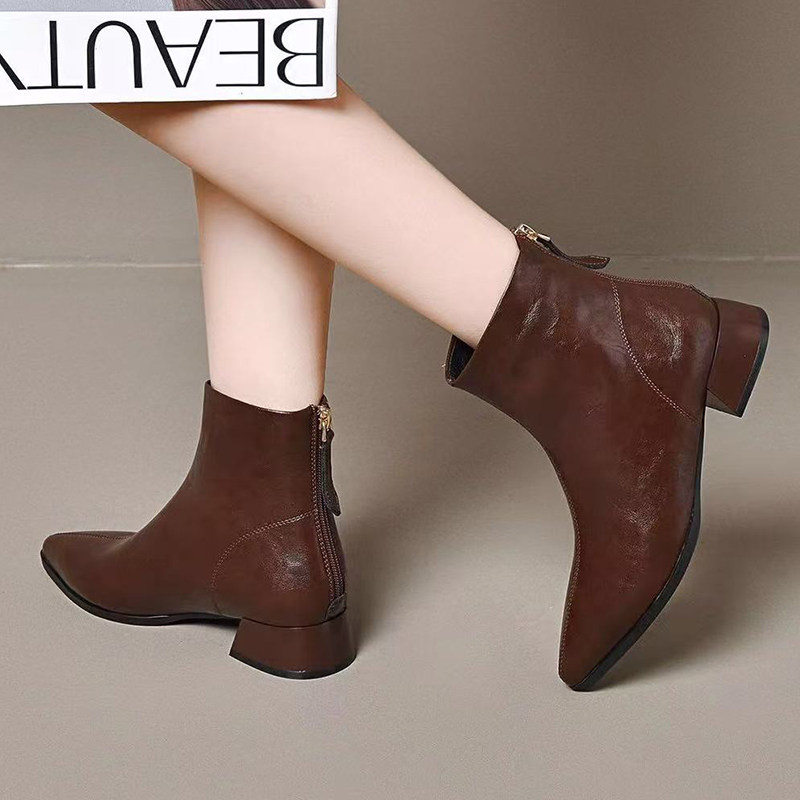 真皮马丁靴女软牛皮鞋2025秋冬平底短靴尖头粗跟加绒妈妈棉鞋加厚,女鞋,时装靴,淘宝优惠券,粉丝福利购,淘宝优惠卷